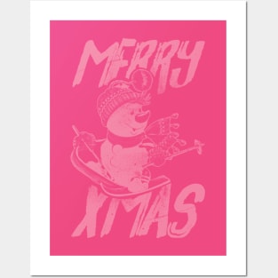 Skiing Snowman - Merry Xmas - Pink Posters and Art